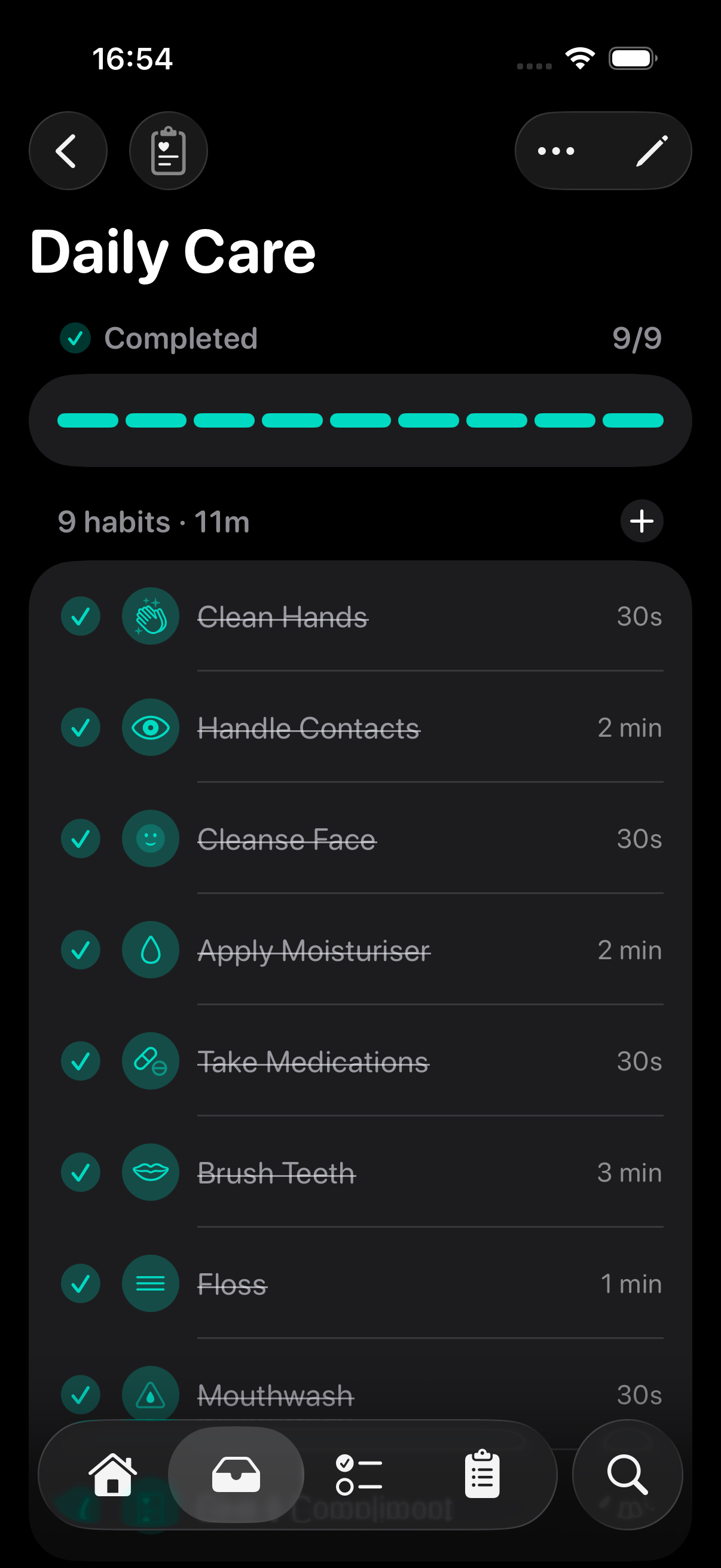 RoutineGuide app showing a routine detail view with a list of actions, durations, and progress toward completion