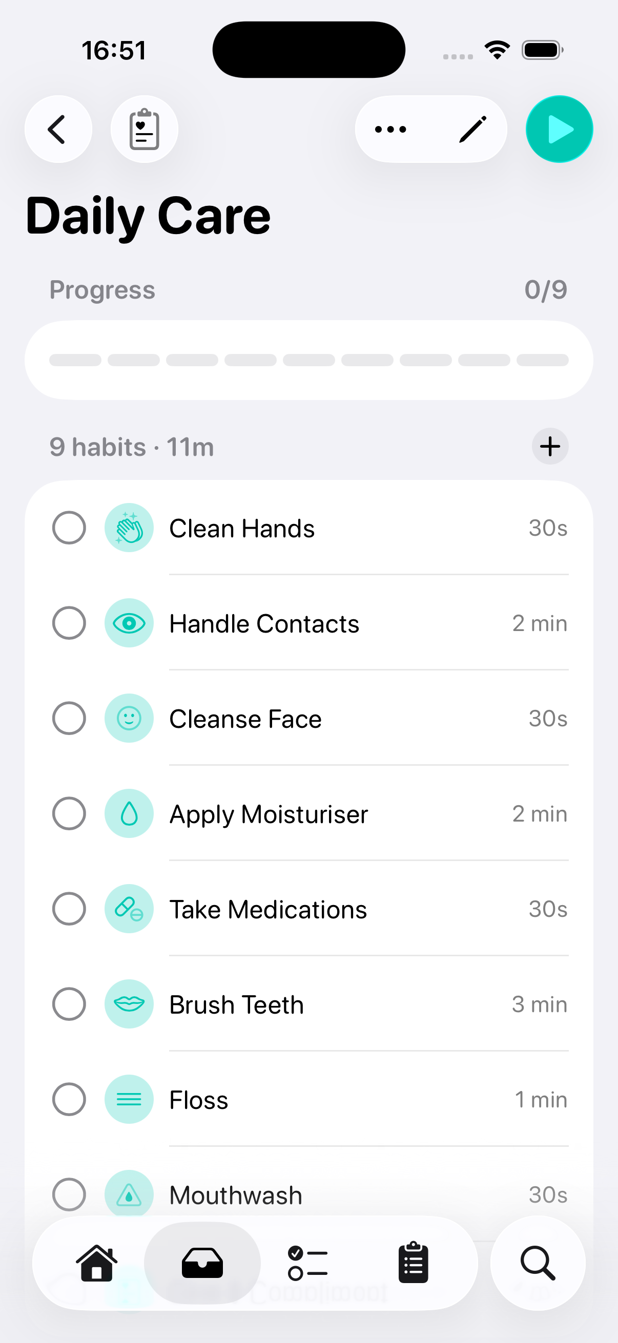 RoutineGuide app showing a routine detail view with a list of actions, durations, and progress toward completion