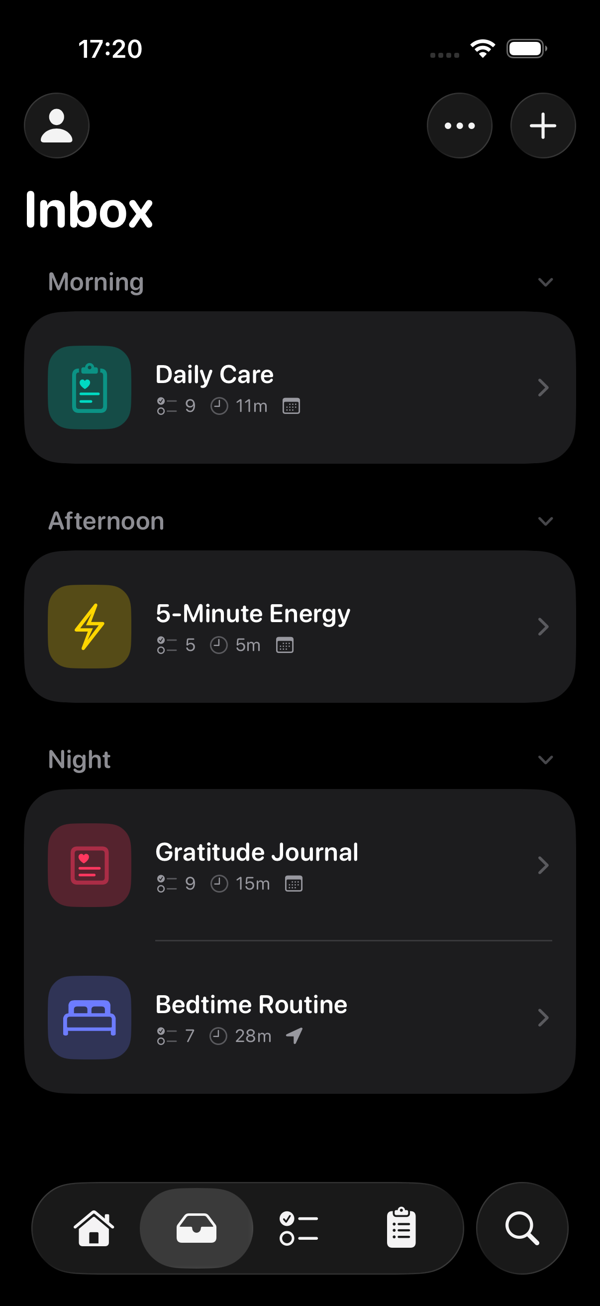 RoutineGuide app showing a list of daily routines including Morning Routine, Deep Work Block, and Bedtime Routine