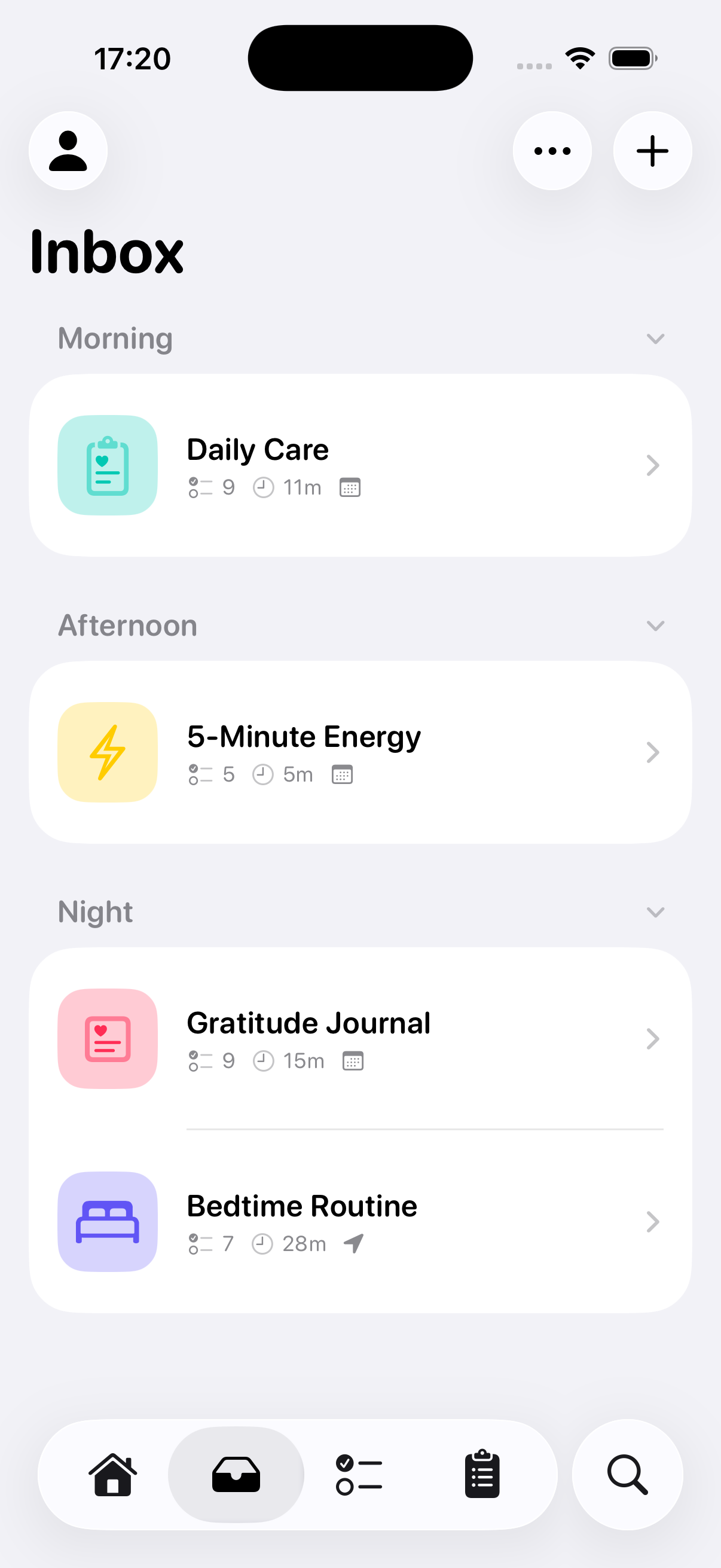RoutineGuide app showing a list of daily routines including Morning Routine, Deep Work Block, and Bedtime Routine