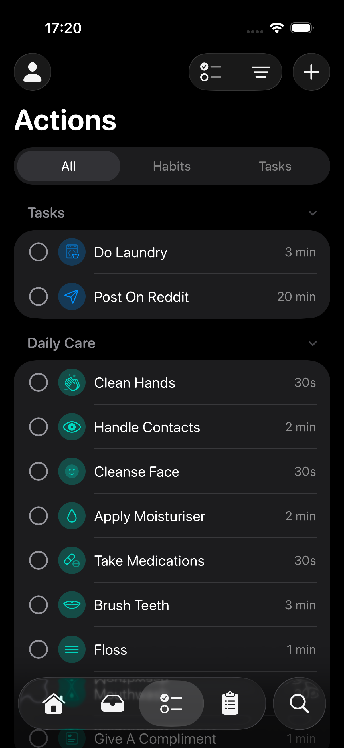 RoutineGuide Actions tab showing every action across all routines grouped by source