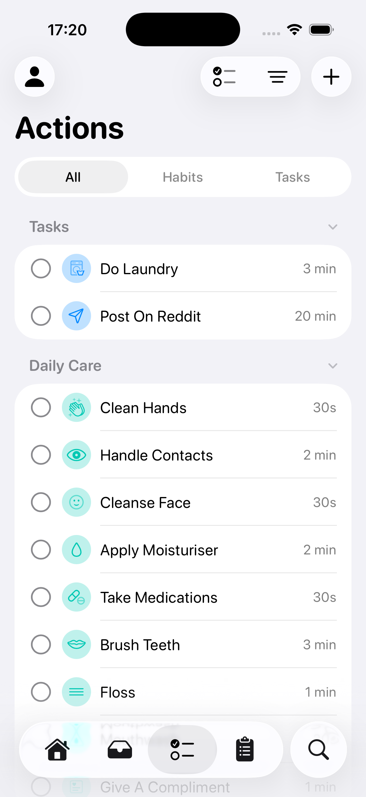 RoutineGuide Actions tab showing every action across all routines grouped by source