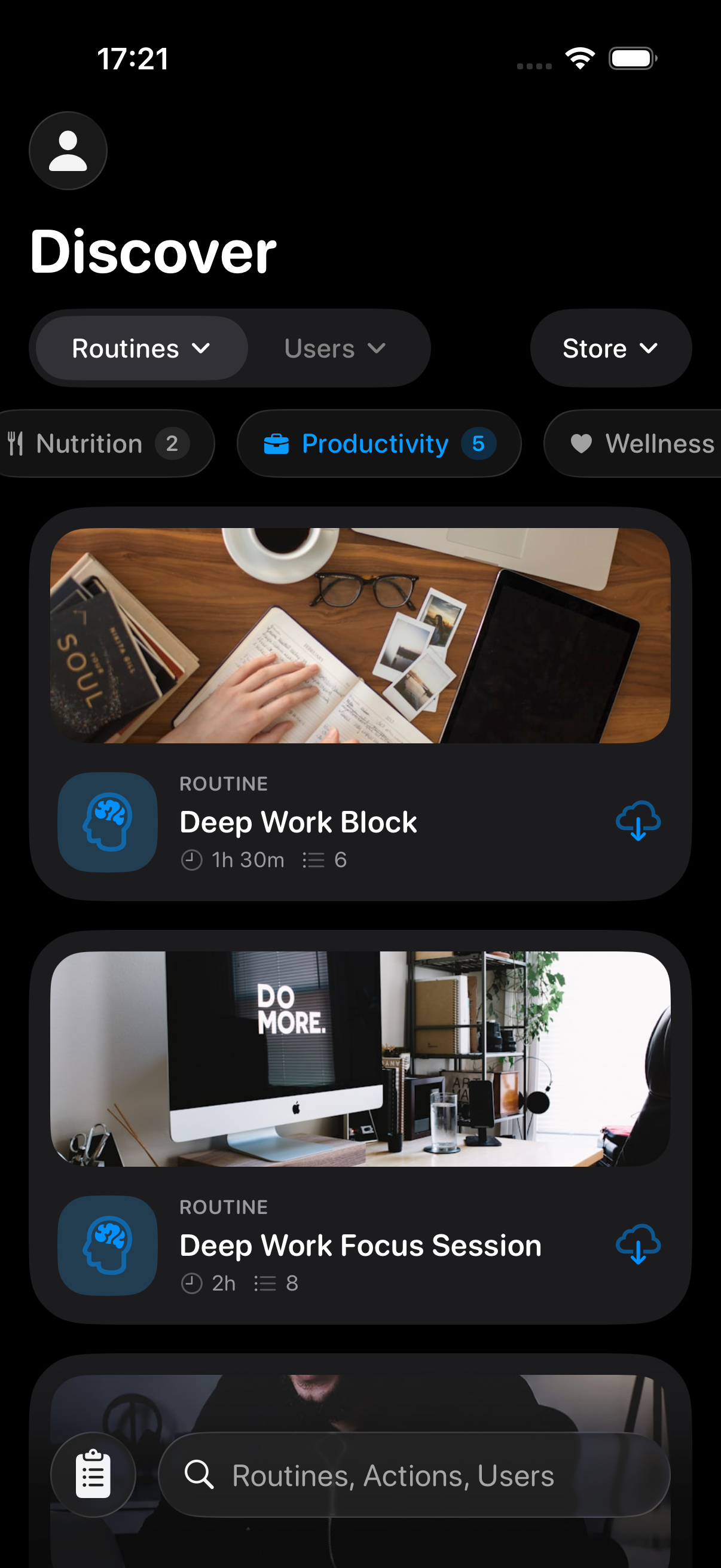 RoutineGuide Discover tab showing community-shared routines by category