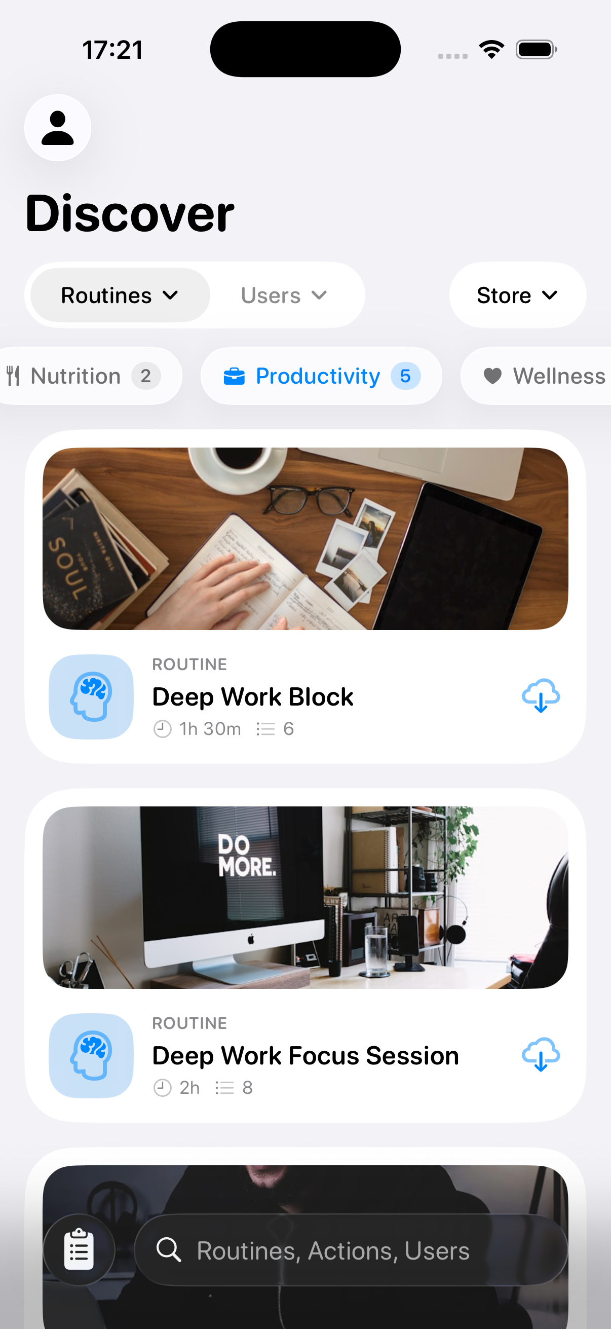 RoutineGuide Discover tab showing community-shared routines by category