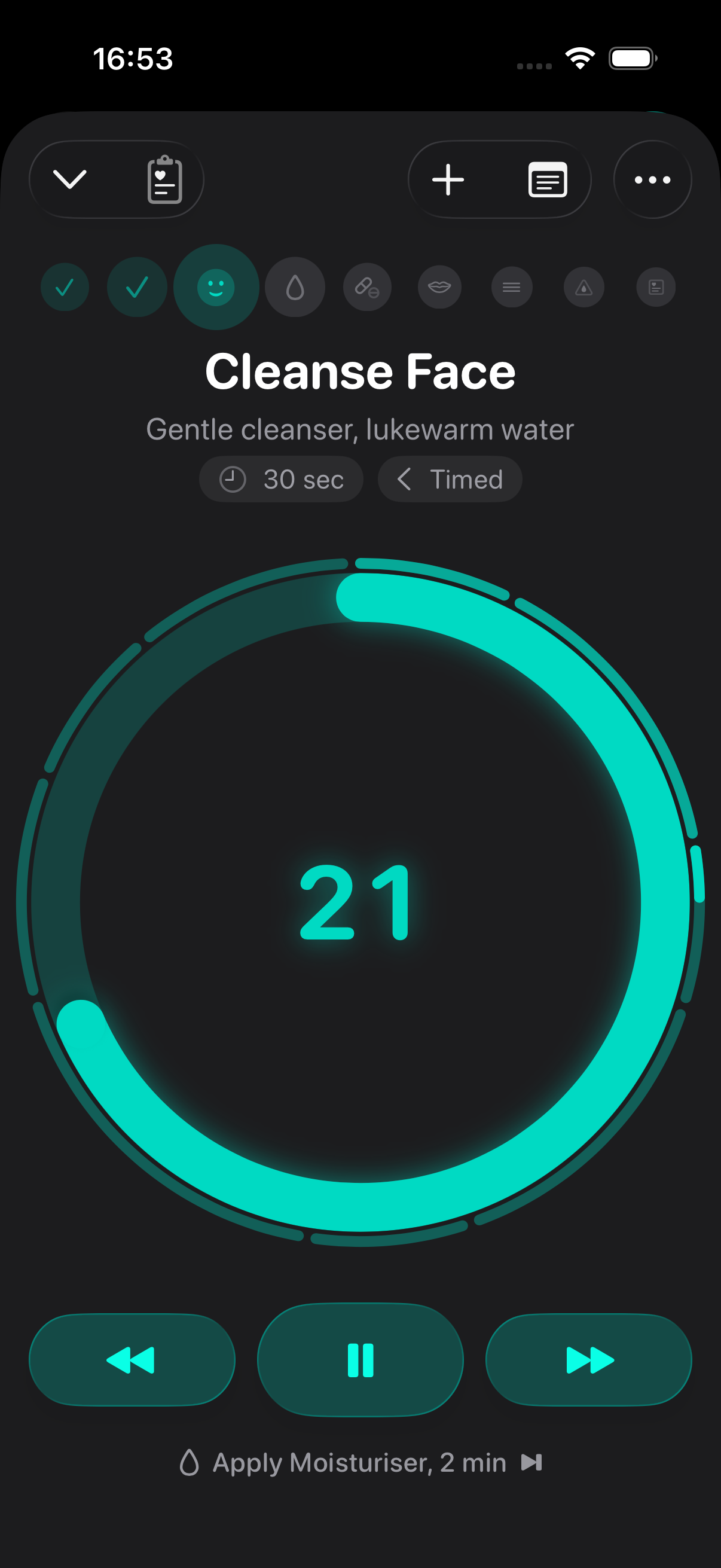RoutineGuide running the Cleanse Face action with a circular countdown timer
