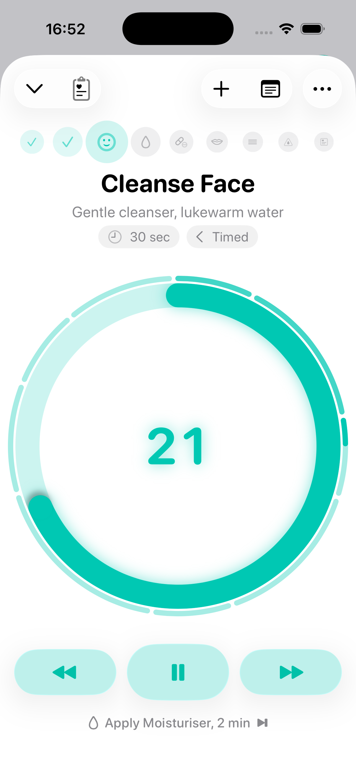 RoutineGuide running the Cleanse Face action with a circular countdown timer