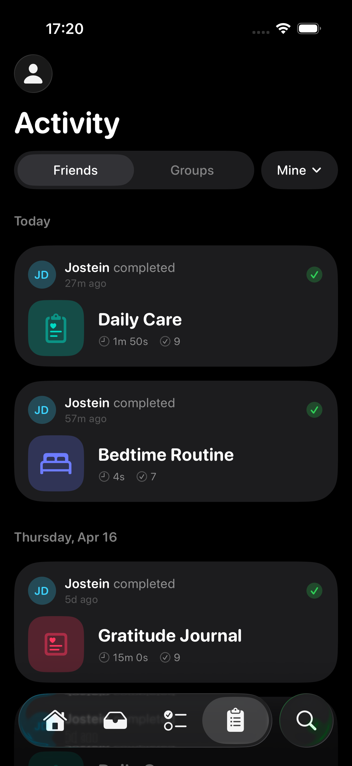 RoutineGuide activity feed showing completed routines by friends