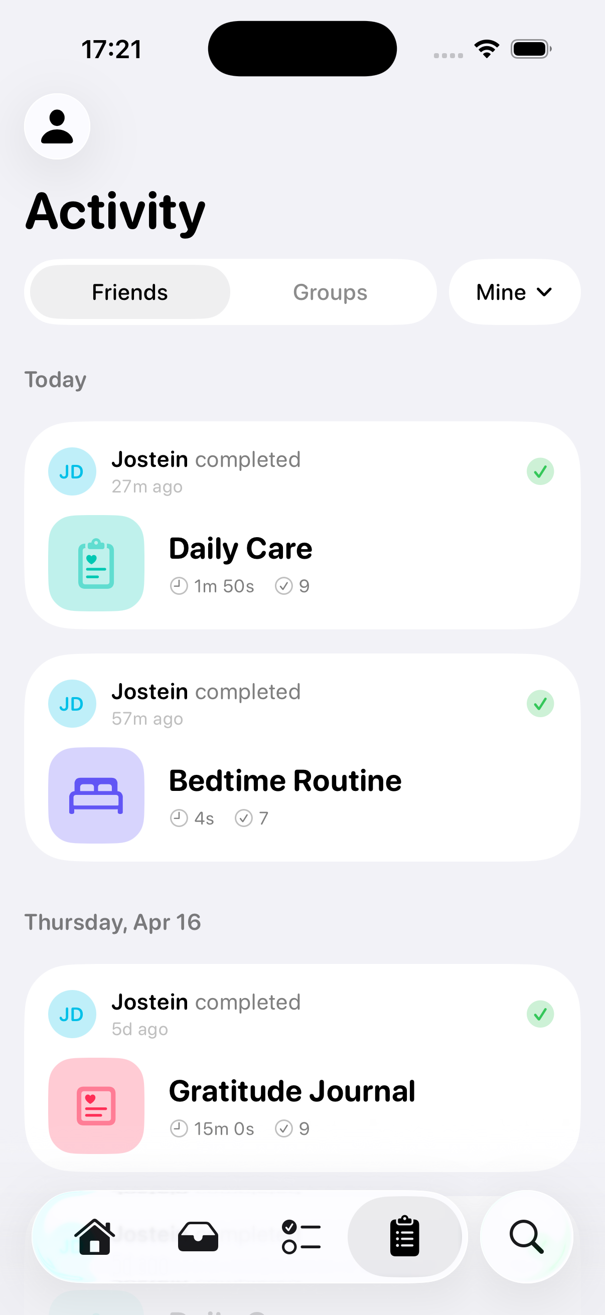 RoutineGuide activity feed showing completed routines by friends