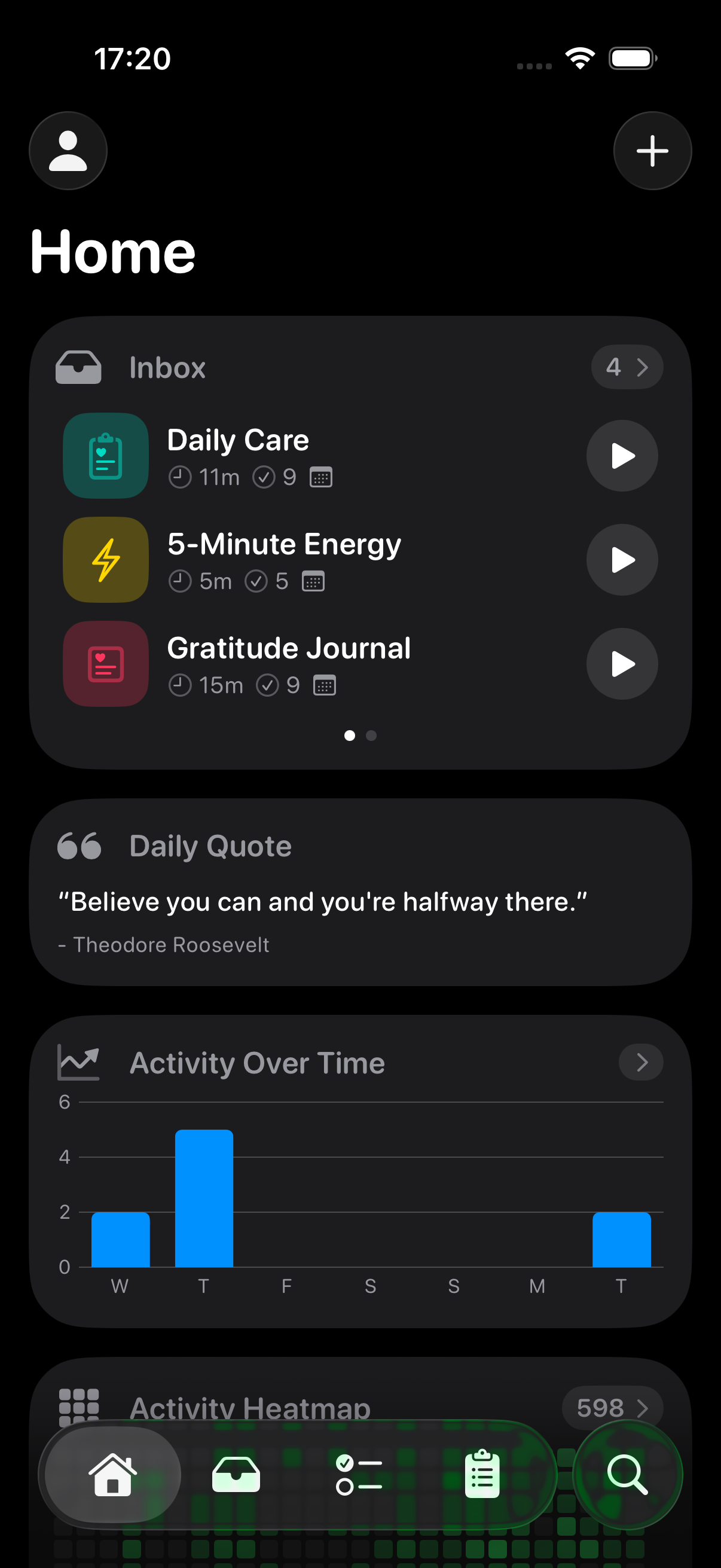 RoutineGuide home screen showing friends list and activity chart