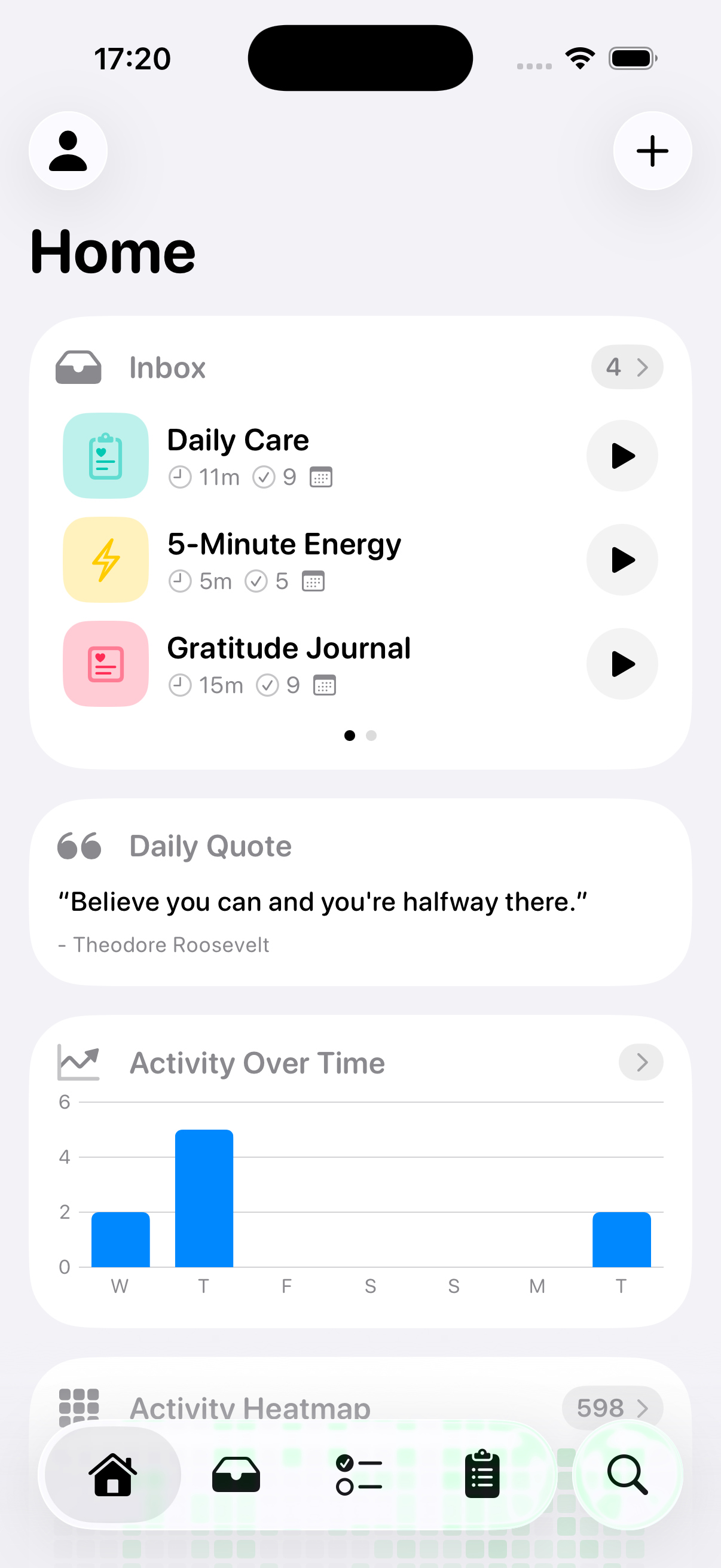 RoutineGuide home screen showing friends list and activity chart